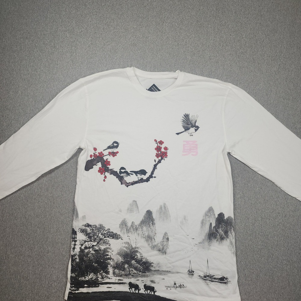 Original Gravity Long Sleeve Shirt Mens Medium White Good Asian Landscape Art